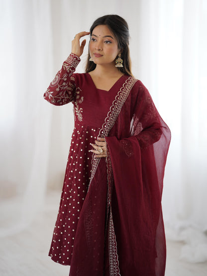 MOST TRENDING CRUNCHY SILK SEQUENCE TOP PLAZZO IN MAROON COLOR