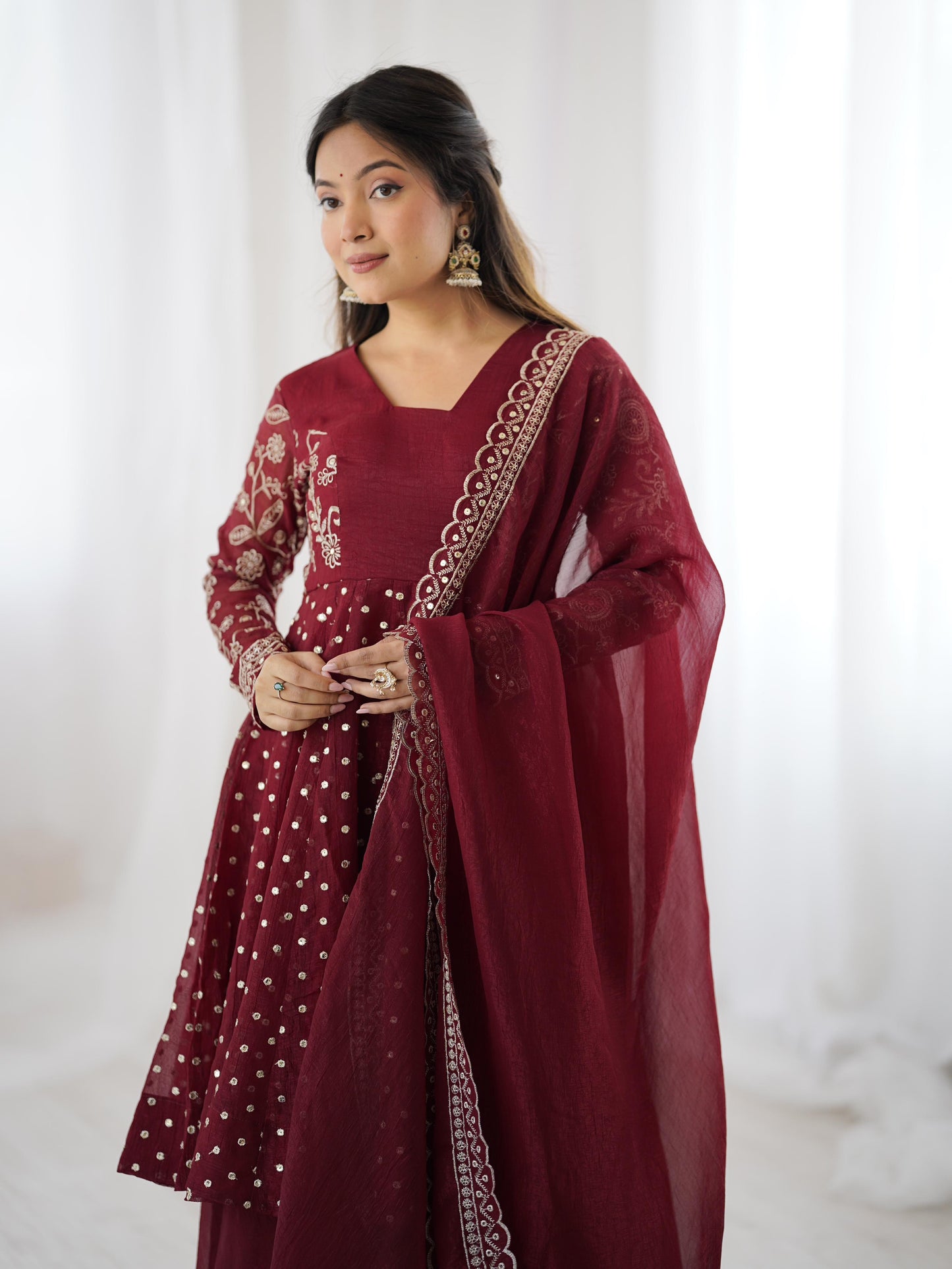 MOST TRENDING CRUNCHY SILK SEQUENCE TOP PLAZZO IN MAROON COLOR