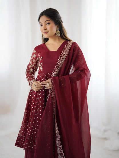 MOST TRENDING CRUNCHY SILK SEQUENCE TOP PLAZZO IN MAROON COLOR
