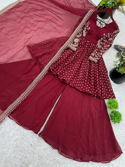 MOST TRENDING CRUNCHY SILK SEQUENCE TOP PLAZZO IN MAROON COLOR