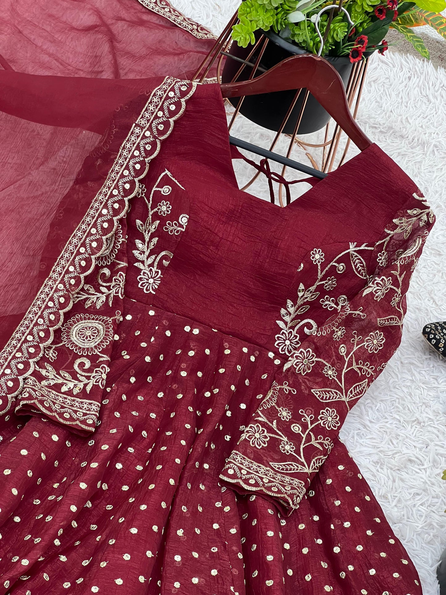 MOST TRENDING CRUNCHY SILK SEQUENCE TOP PLAZZO IN MAROON COLOR