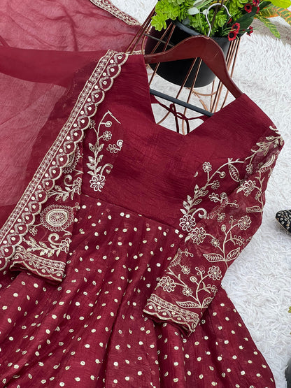 MOST TRENDING CRUNCHY SILK SEQUENCE TOP PLAZZO IN MAROON COLOR