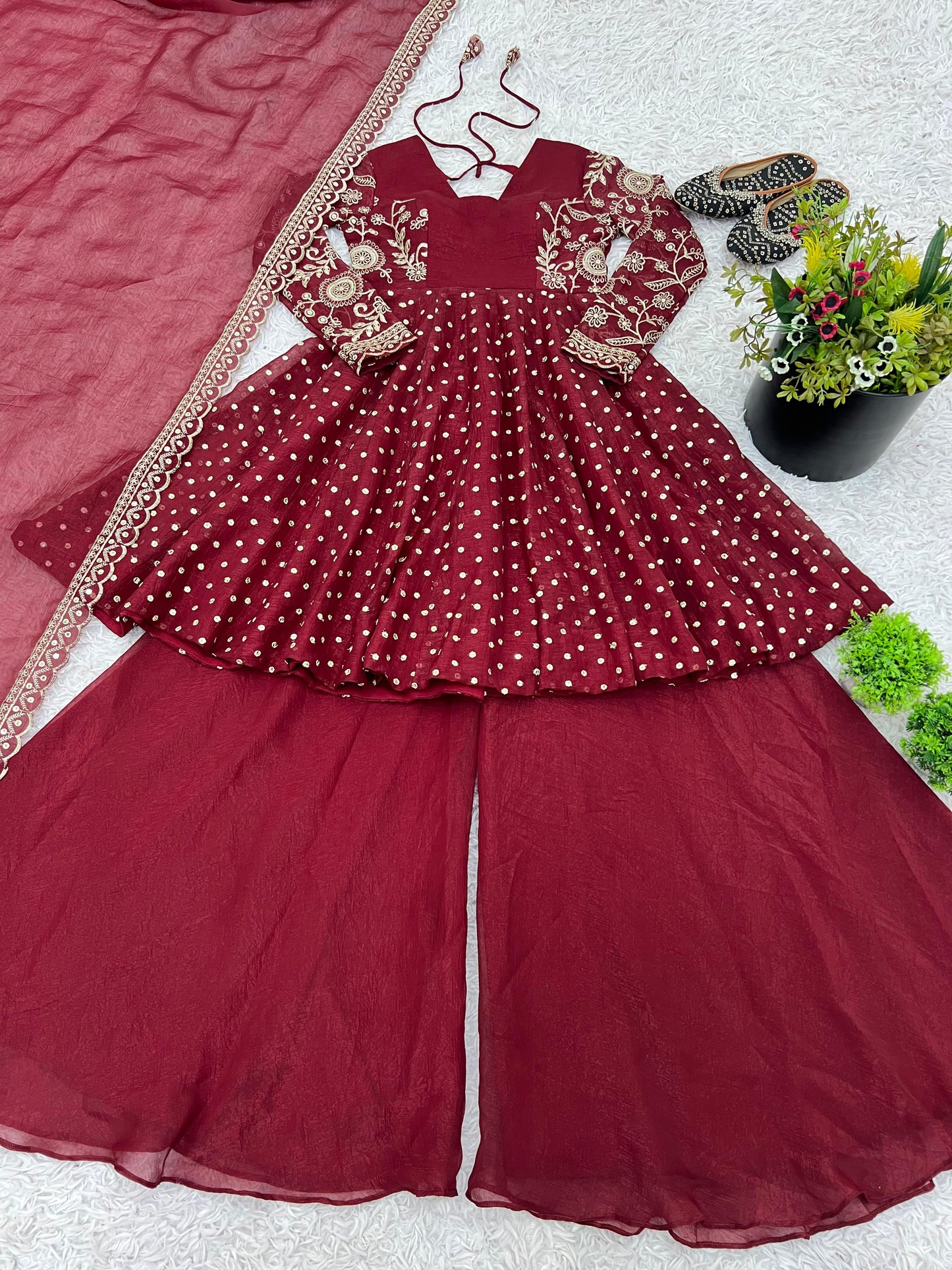 MOST TRENDING CRUNCHY SILK SEQUENCE TOP PLAZZO IN MAROON COLOR