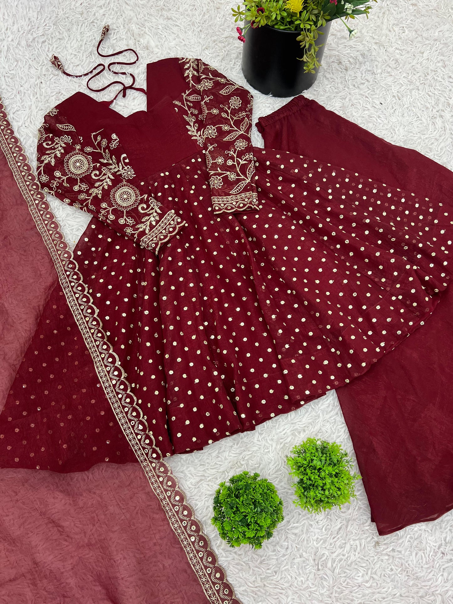 MOST TRENDING CRUNCHY SILK SEQUENCE TOP PLAZZO IN MAROON COLOR