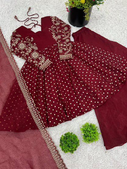 MOST TRENDING CRUNCHY SILK SEQUENCE TOP PLAZZO IN MAROON COLOR