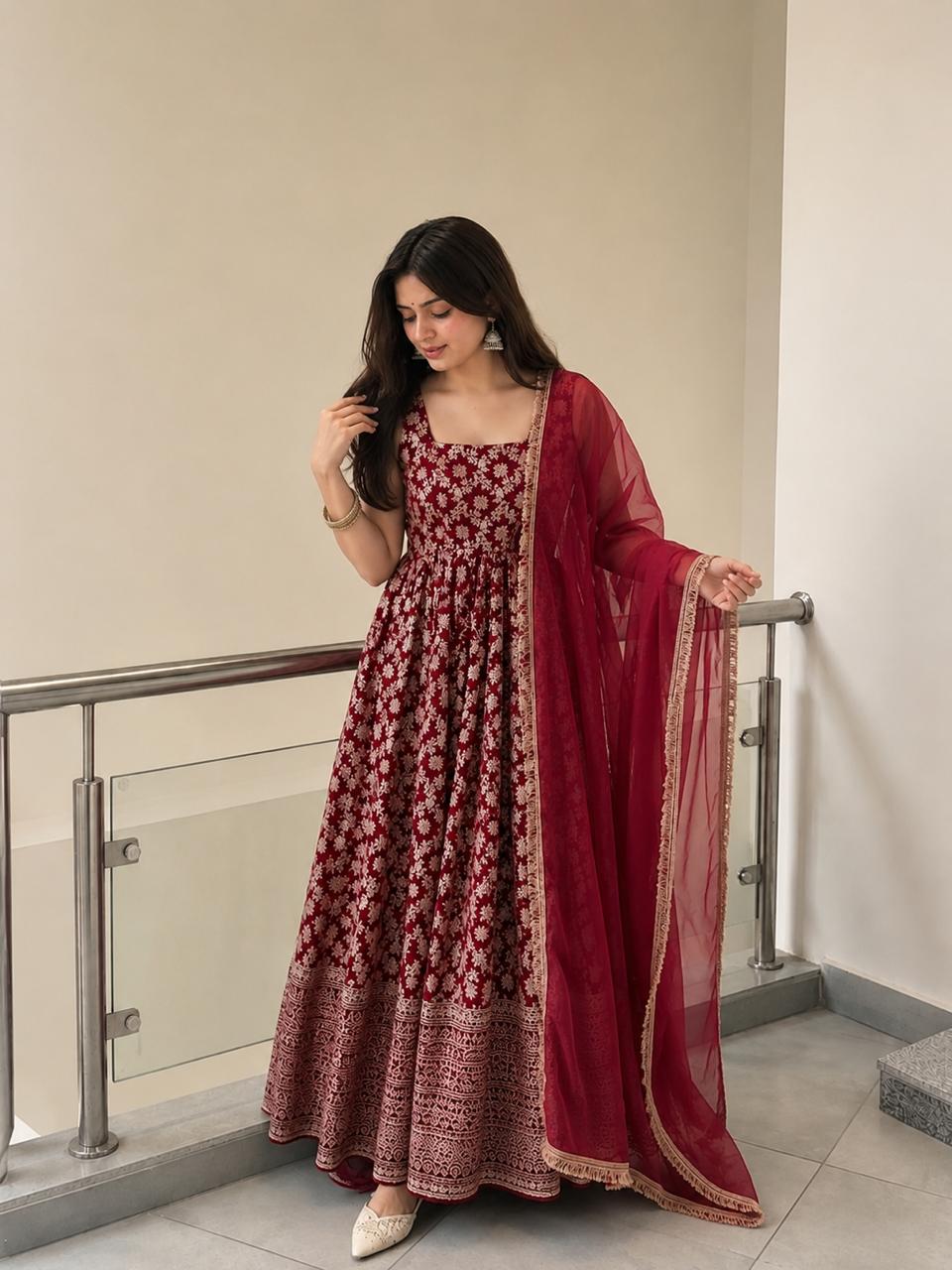 Chanderi Jacquard Butti Anarkali Set