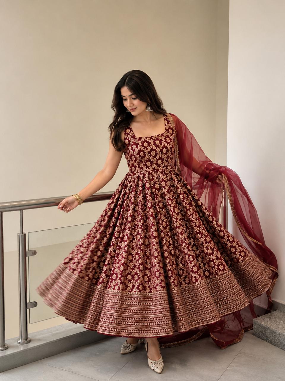 Chanderi Jacquard Butti Anarkali Set
