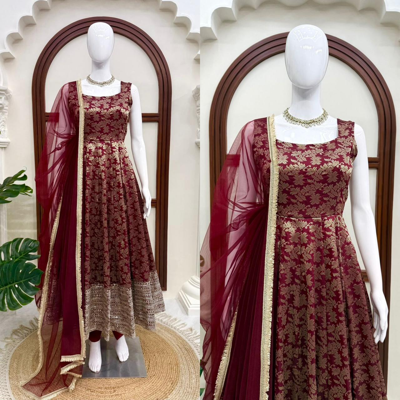 Chanderi Jacquard Butti Anarkali Set