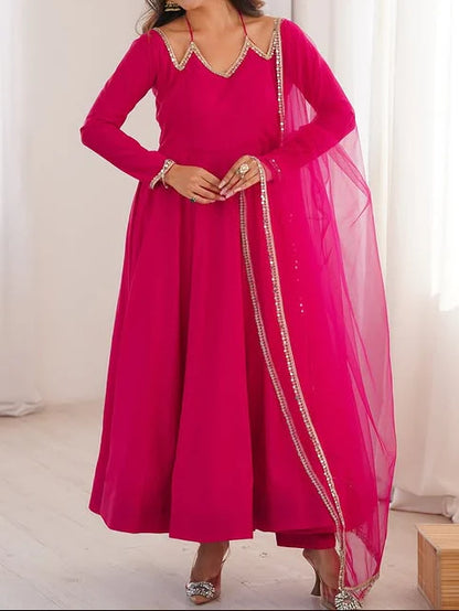 Pure Roman Silk Chanderi Fully Flare Anarkali with Dupatta and Pant Set