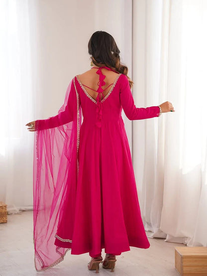 Pure Roman Silk Chanderi Fully Flare Anarkali with Dupatta and Pant Set