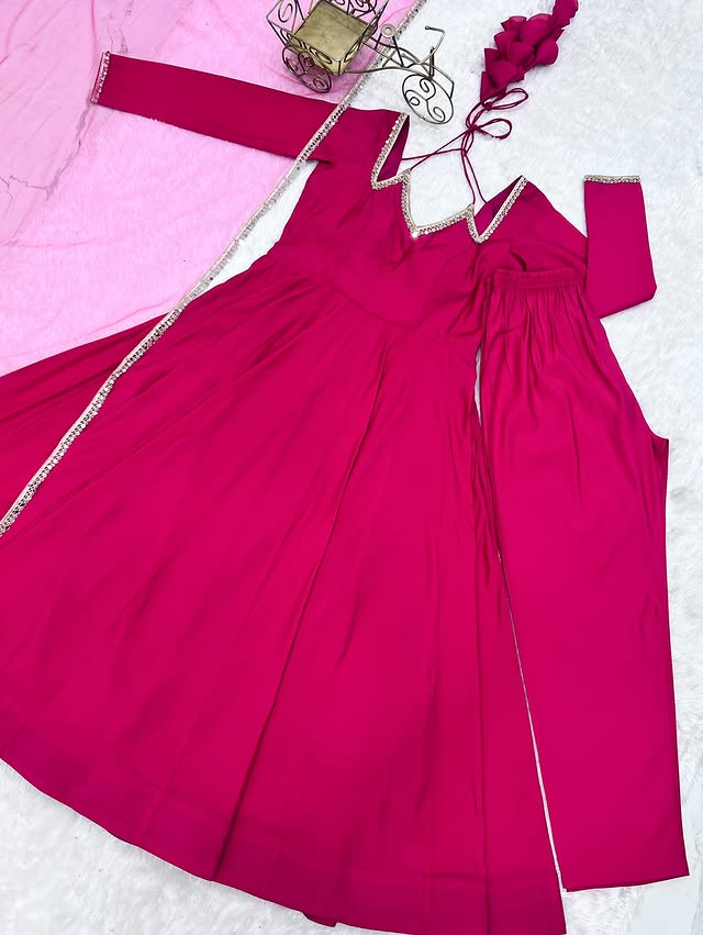 Pure Roman Silk Chanderi Fully Flare Anarkali with Dupatta and Pant Set