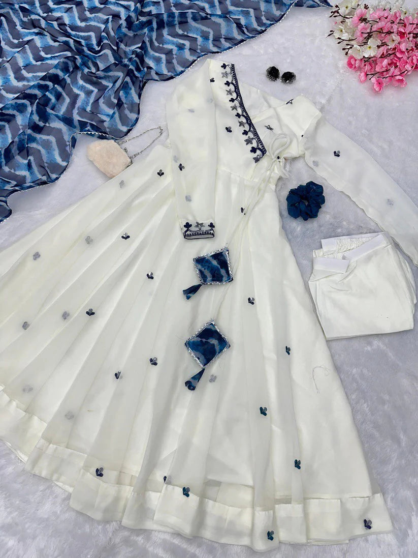 Designer White And Blue Combination Anarkali Suit Set