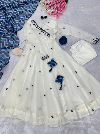 Designer White And Blue Combination Anarkali Suit Set