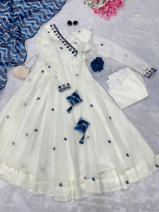 Designer White And Blue Combination Anarkali Suit Set