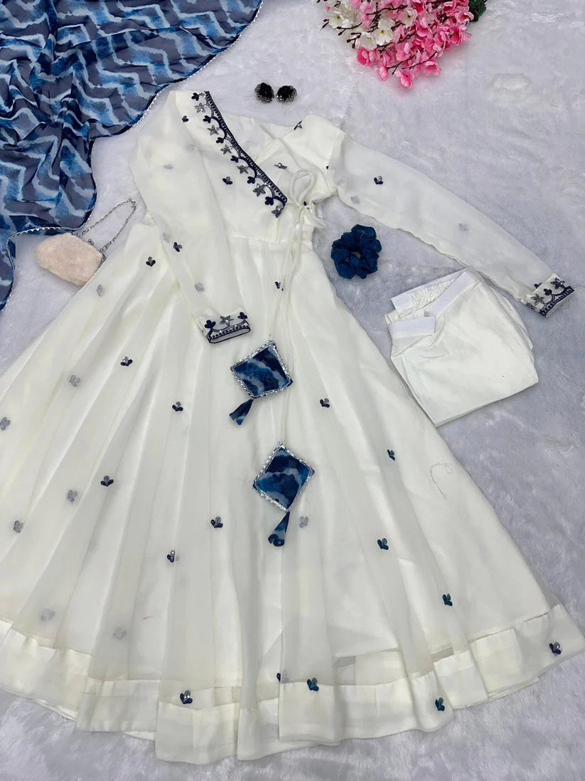 Designer White And Blue Combination Anarkali Suit Set