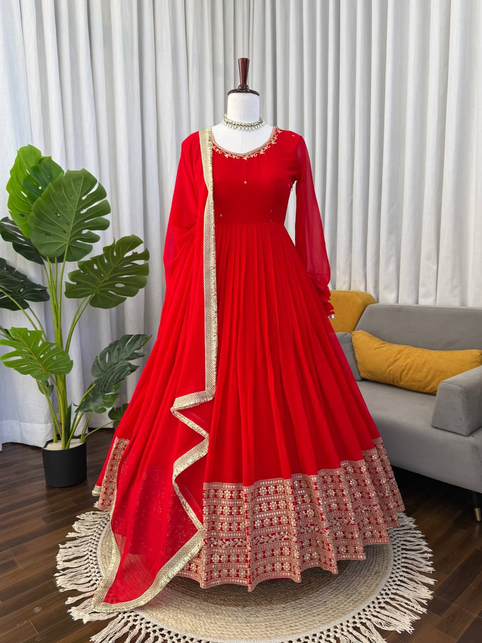 Wedding Special Georgette Squence Work Red Color Anarkali Gown