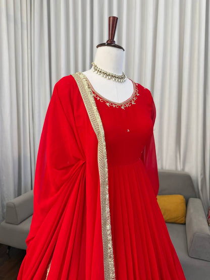 Wedding Special Georgette Squence Work Red Color Anarkali Gown