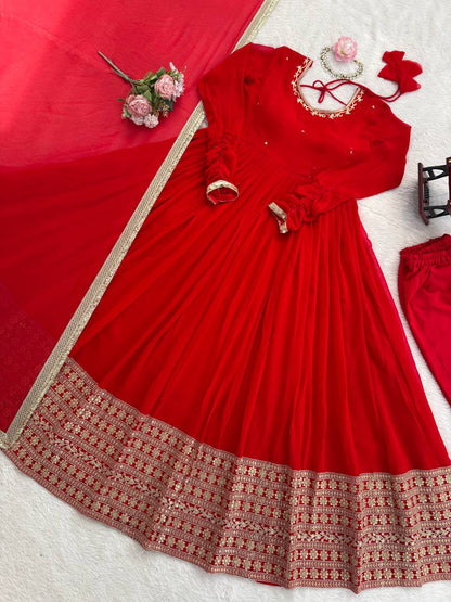 Wedding Special Georgette Squence Work Red Color Anarkali Gown