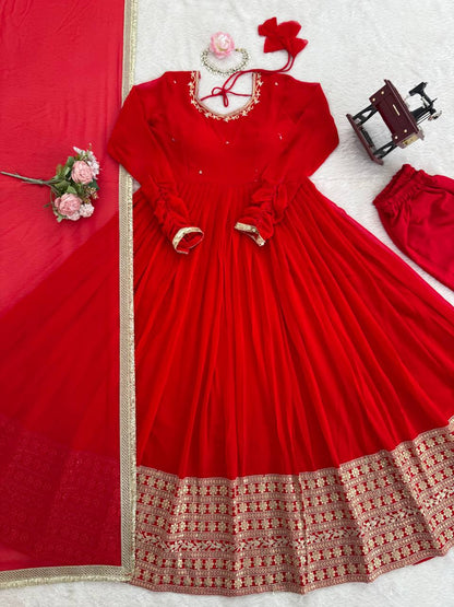 Wedding Special Georgette Squence Work Red Color Anarkali Gown