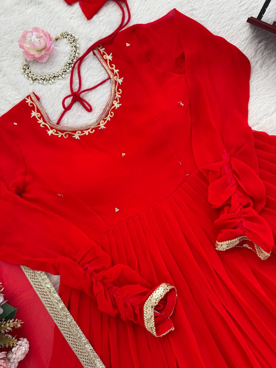 Wedding Special Georgette Squence Work Red Color Anarkali Gown