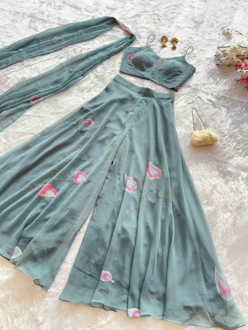 pure Georgette Printed Work Blouse Plazzo