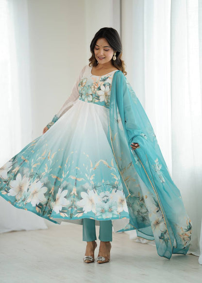 Sky Blue Color Organza Silk With Flower Work Gown