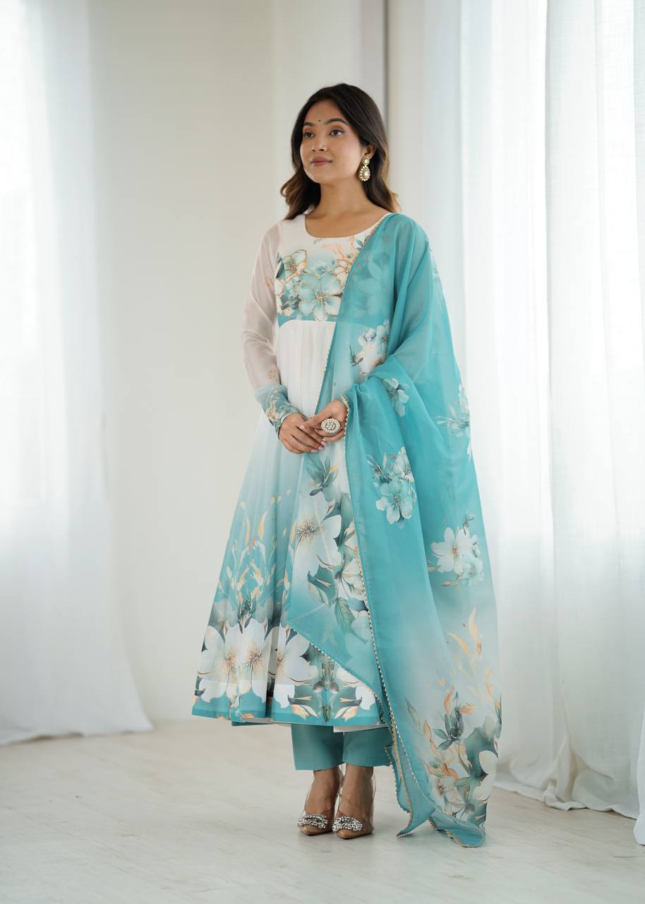 Sky Blue Color Organza Silk With Flower Work Gown