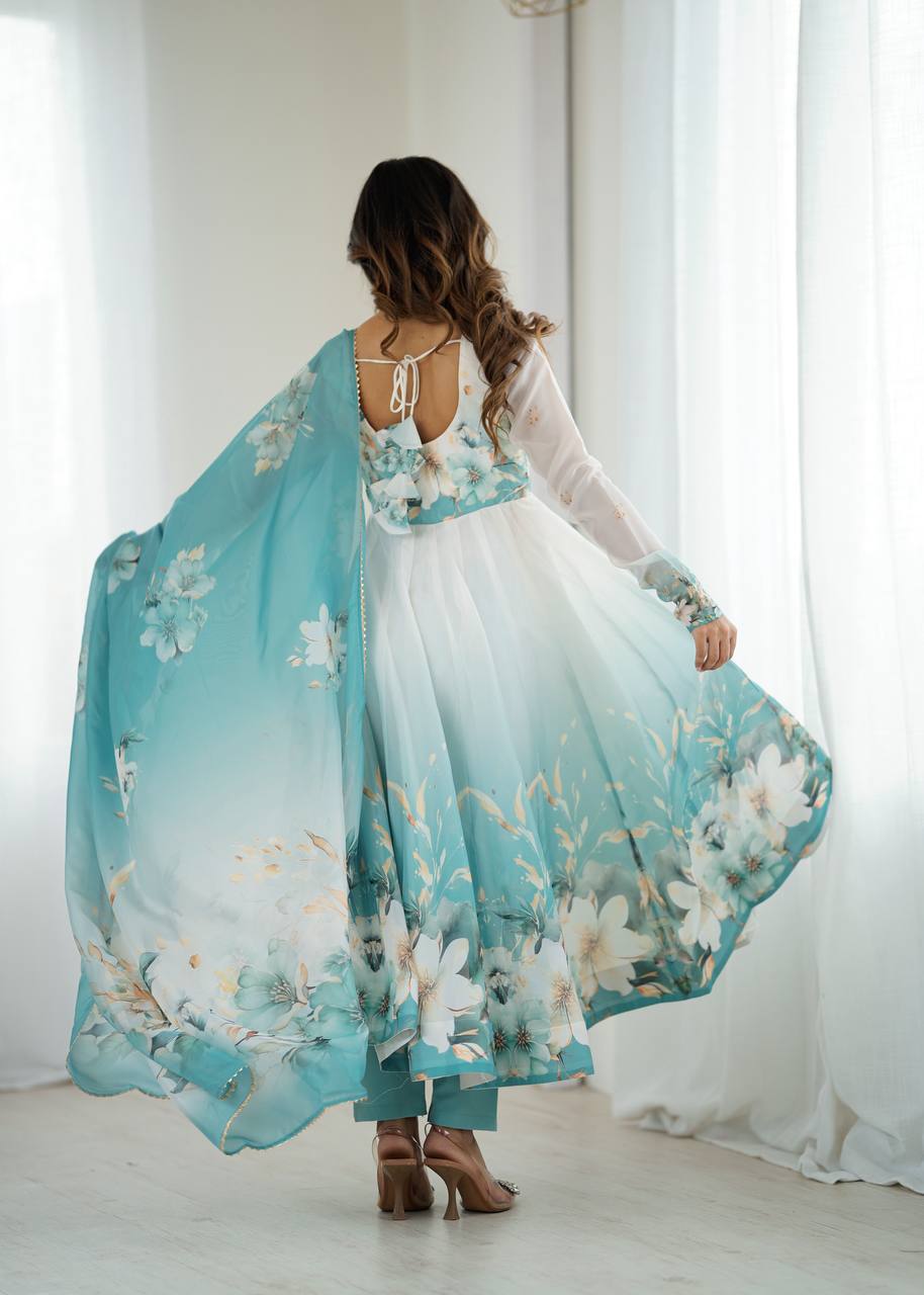 Sky Blue Color Organza Silk With Flower Work Gown