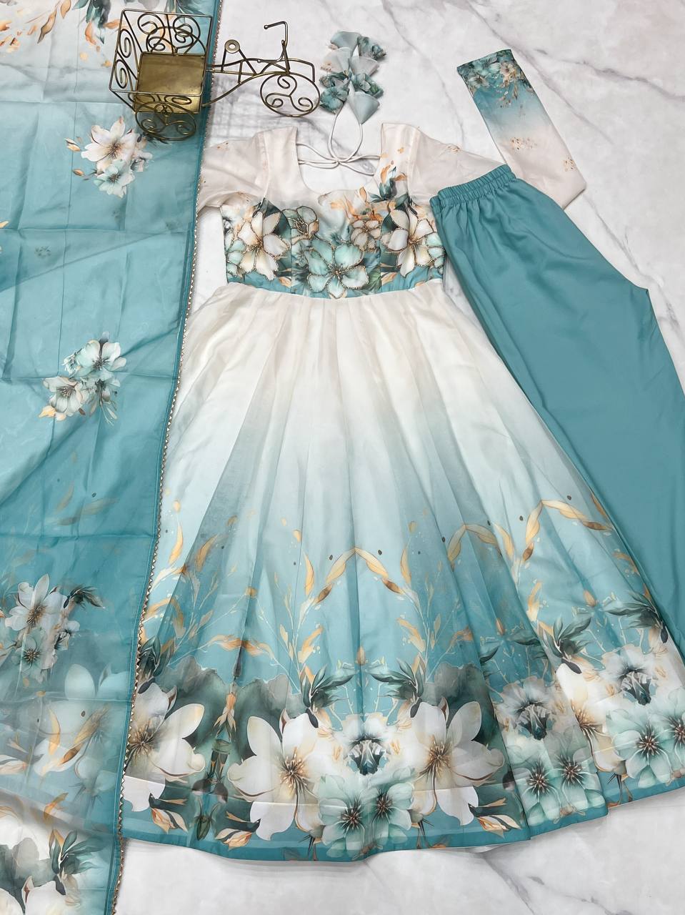 Sky Blue Color Organza Silk With Flower Work Gown