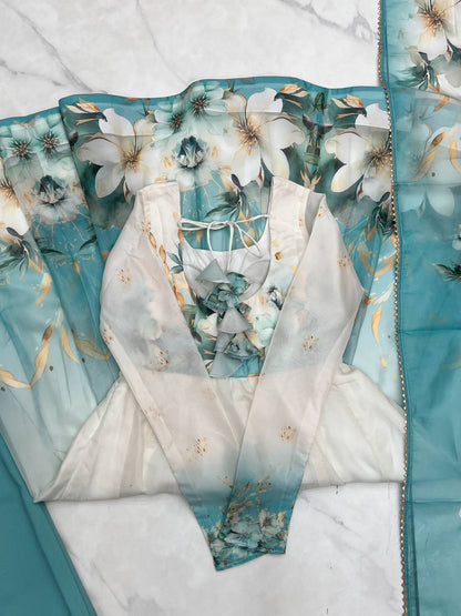 Sky Blue Color Organza Silk With Flower Work Gown