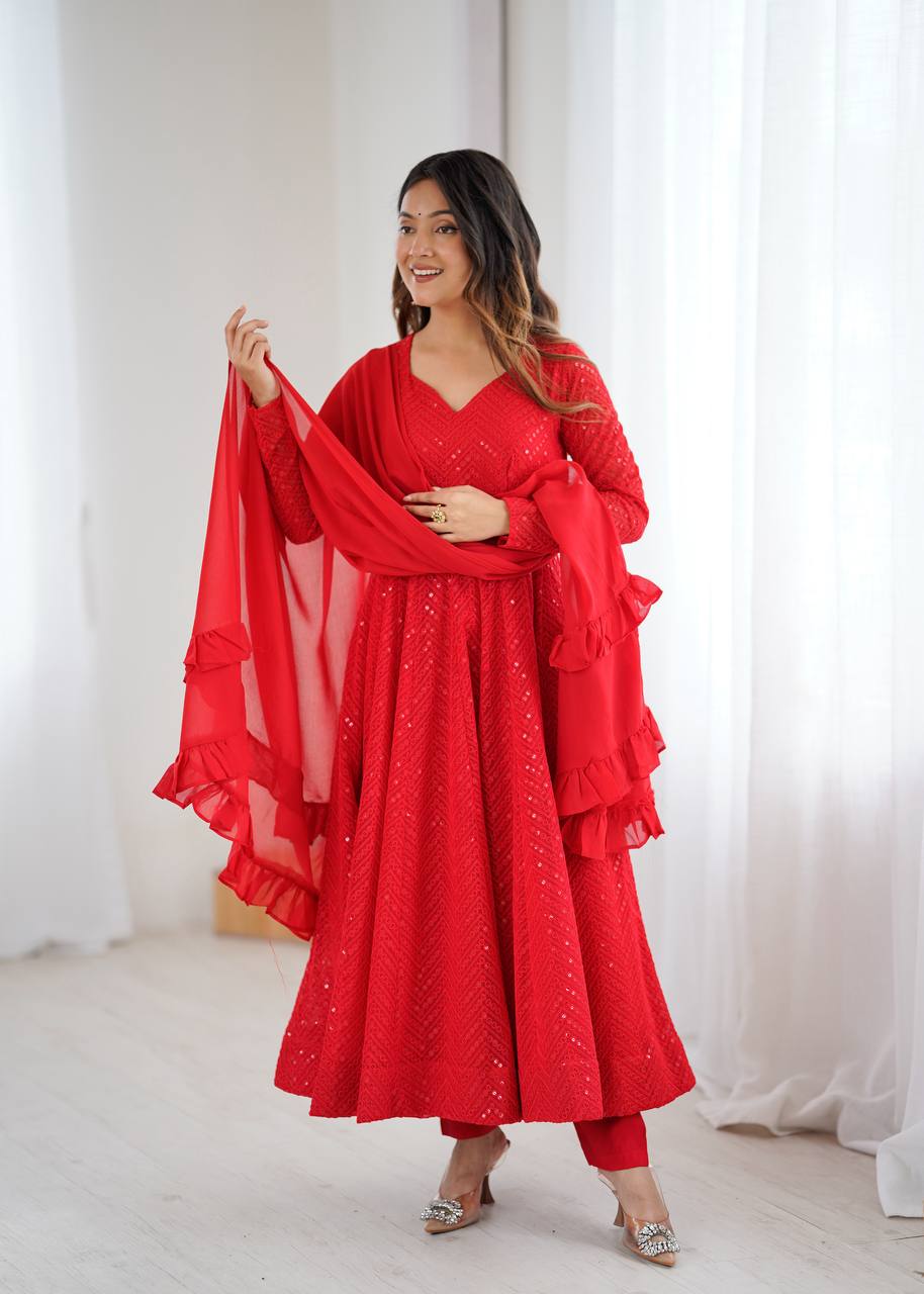 DESIGNER LUKHNOWI SEQUENCE WORK GREEN COLOR ANARKALI GOWN WITH 4 MTR FLAIR