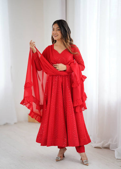 DESIGNER LUKHNOWI SEQUENCE WORK GREEN COLOR ANARKALI GOWN WITH 4 MTR FLAIR