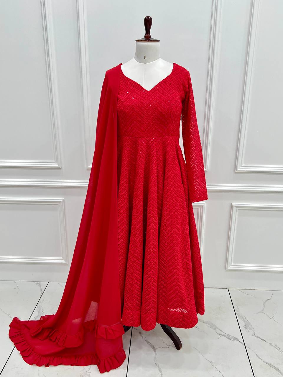 DESIGNER LUKHNOWI SEQUENCE WORK GREEN COLOR ANARKALI GOWN WITH 4 MTR FLAIR