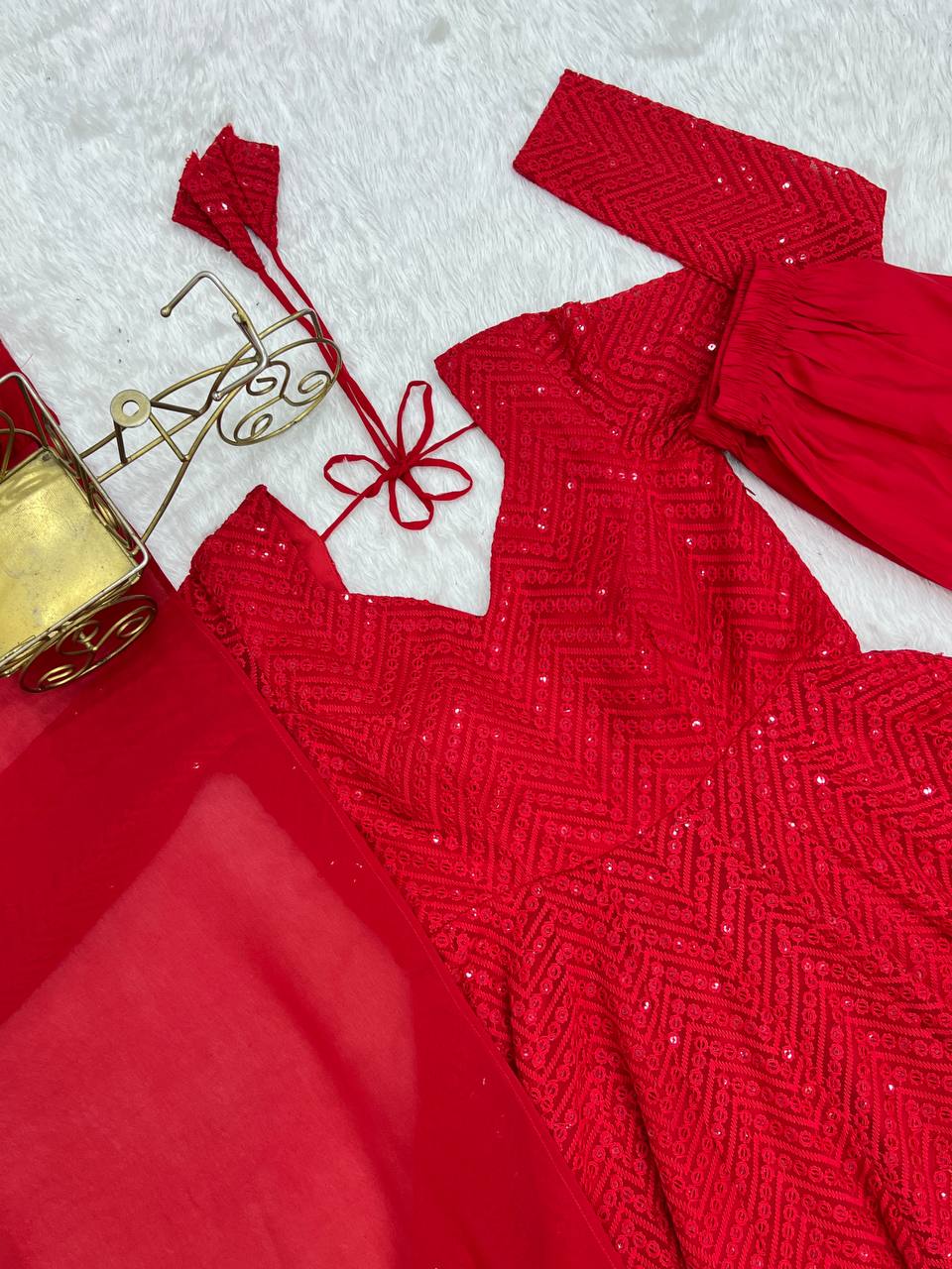 DESIGNER LUKHNOWI SEQUENCE WORK GREEN COLOR ANARKALI GOWN WITH 4 MTR FLAIR