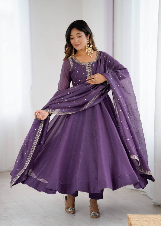 Womens Wear Crunchy Silk Purple Anarkali Gown
