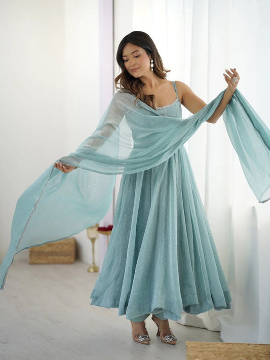 Sky Blue Color Crunch Silk Gown