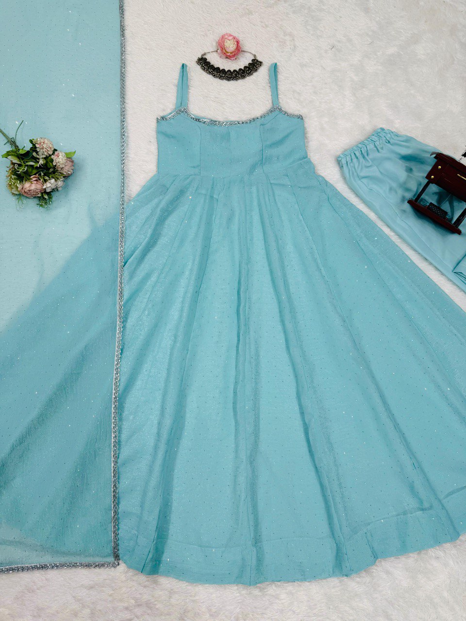 Sky Blue Color Crunch Silk Gown