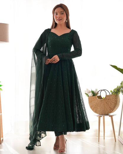 DESIGNER LUKHNOWI SEQUENCE WORK GREEN COLOR ANARKALI GOWN WITH 4 MTR FLAIR