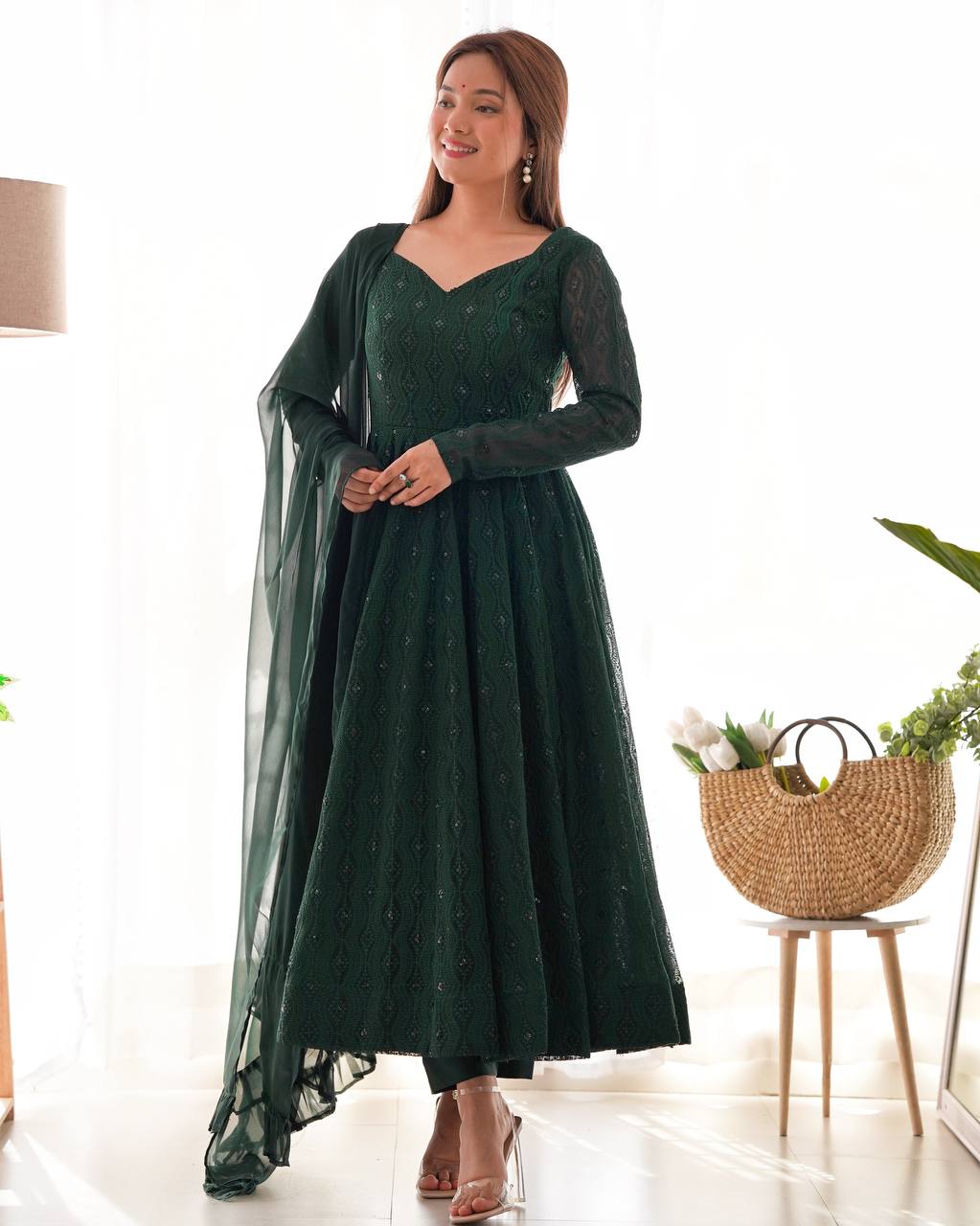 DESIGNER LUKHNOWI SEQUENCE WORK GREEN COLOR ANARKALI GOWN WITH 4 MTR FLAIR