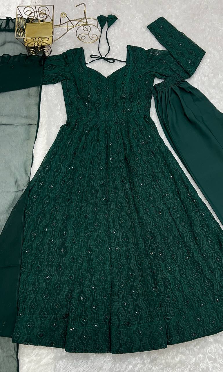 DESIGNER LUKHNOWI SEQUENCE WORK GREEN COLOR ANARKALI GOWN WITH 4 MTR FLAIR