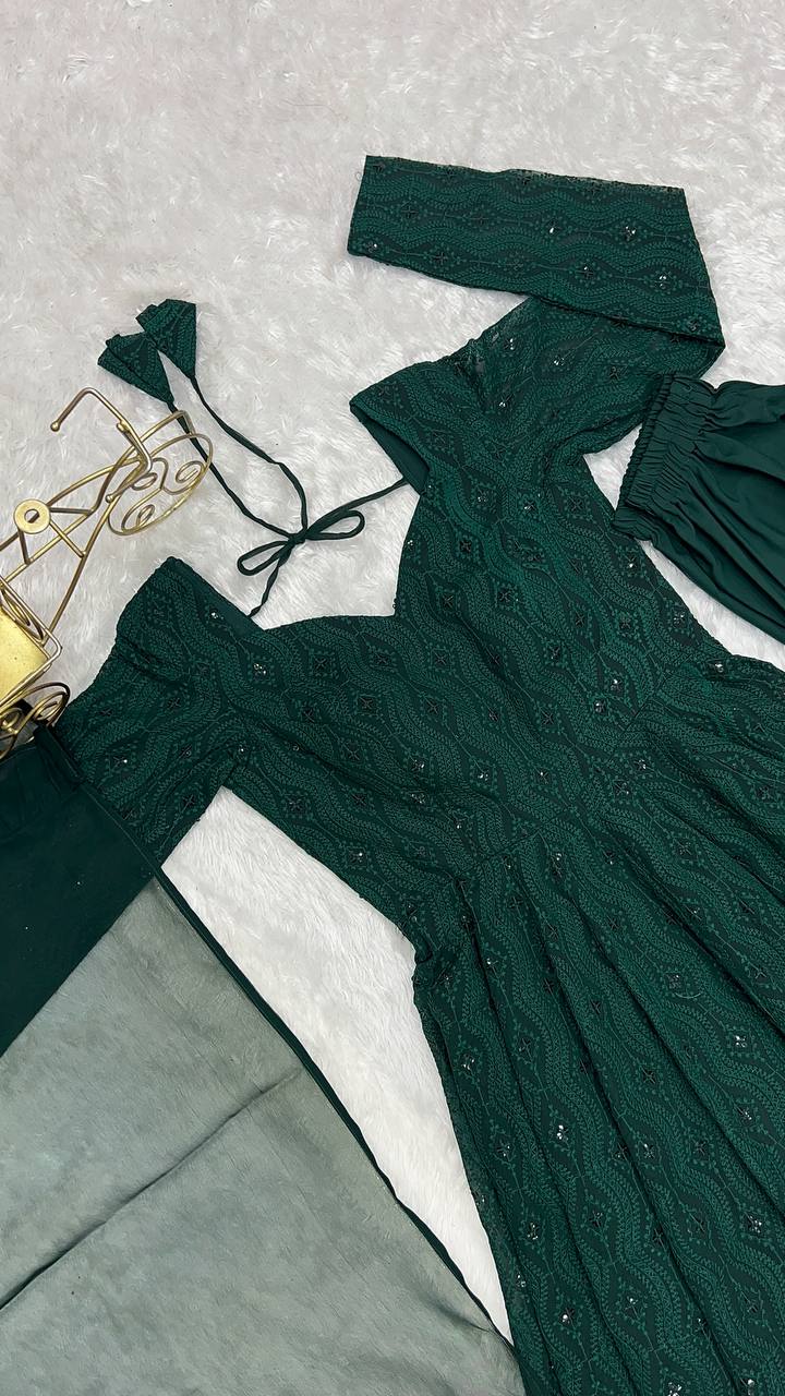 DESIGNER LUKHNOWI SEQUENCE WORK GREEN COLOR ANARKALI GOWN WITH 4 MTR FLAIR