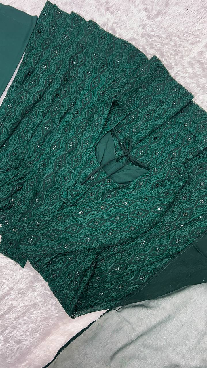 DESIGNER LUKHNOWI SEQUENCE WORK GREEN COLOR ANARKALI GOWN WITH 4 MTR FLAIR