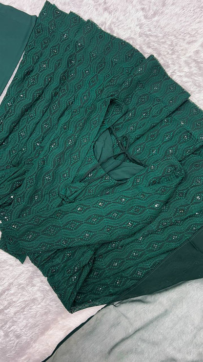 DESIGNER LUKHNOWI SEQUENCE WORK GREEN COLOR ANARKALI GOWN WITH 4 MTR FLAIR
