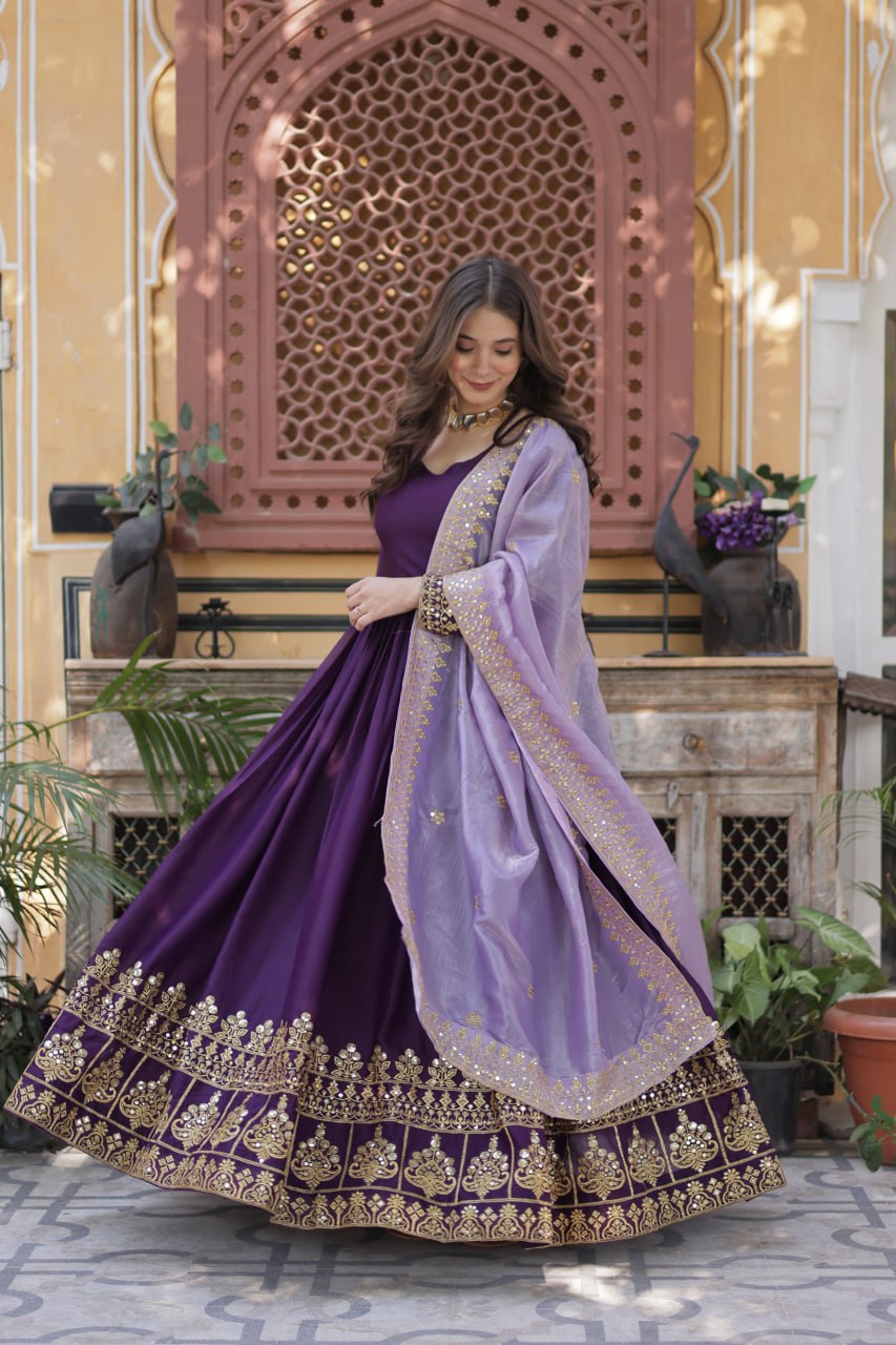 ETHNIC PLUS PURPLE EMBROIDERED GEORGETTE WEDDING ANARKALI GOWN