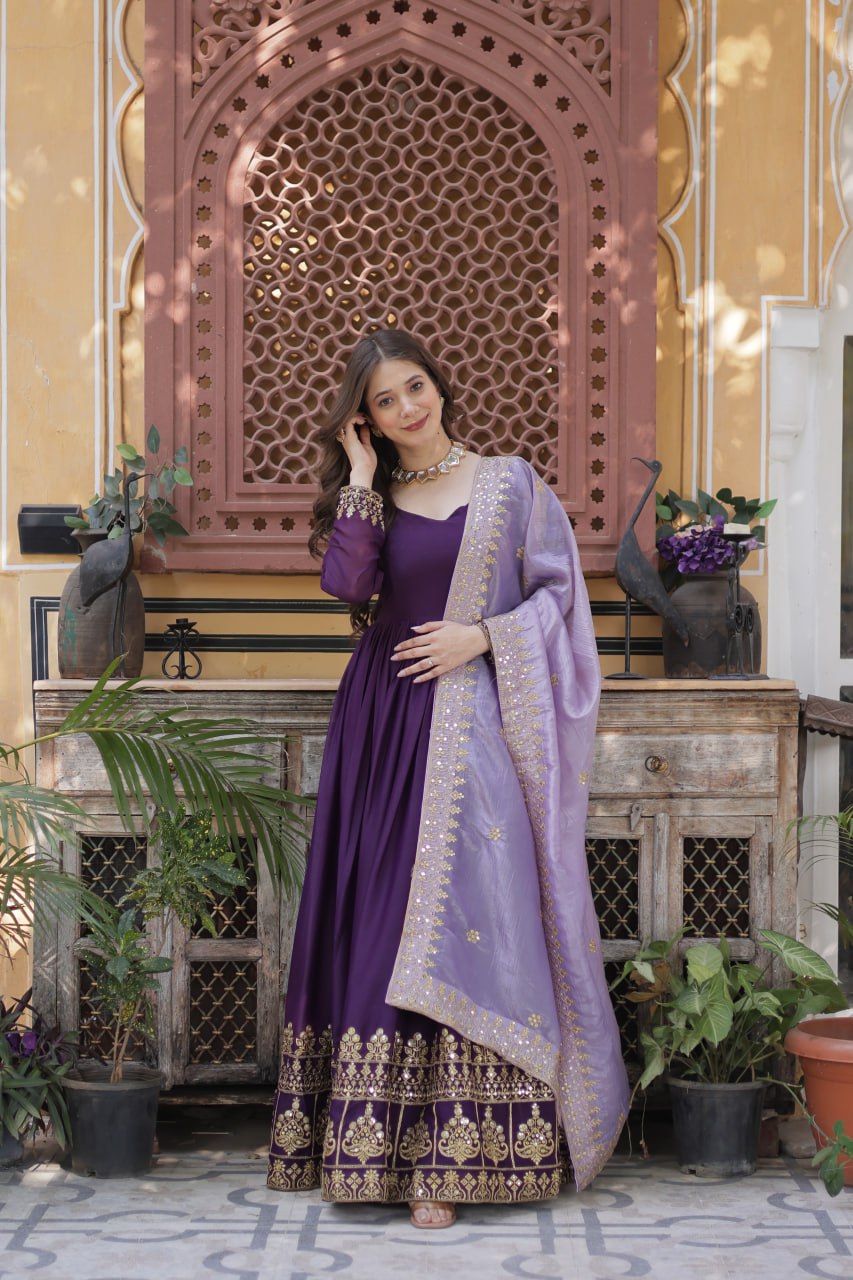 ETHNIC PLUS PURPLE EMBROIDERED GEORGETTE WEDDING ANARKALI GOWN