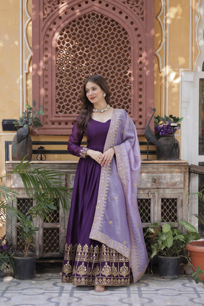 ETHNIC PLUS PURPLE EMBROIDERED GEORGETTE WEDDING ANARKALI GOWN
