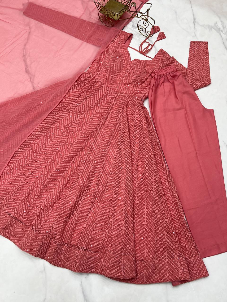 DESIGNER LUKHNOWI SEQUENCE WORK GREEN COLOR ANARKALI GOWN WITH 4 MTR FLAIR