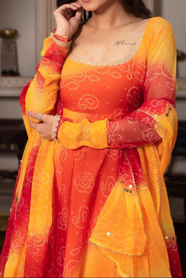 Bandhni Digital Print Trending Party Wear Anarkali Suit Set