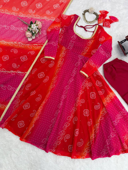 Bandhni Digital Print Trending Party Wear Anarkali Suit Set