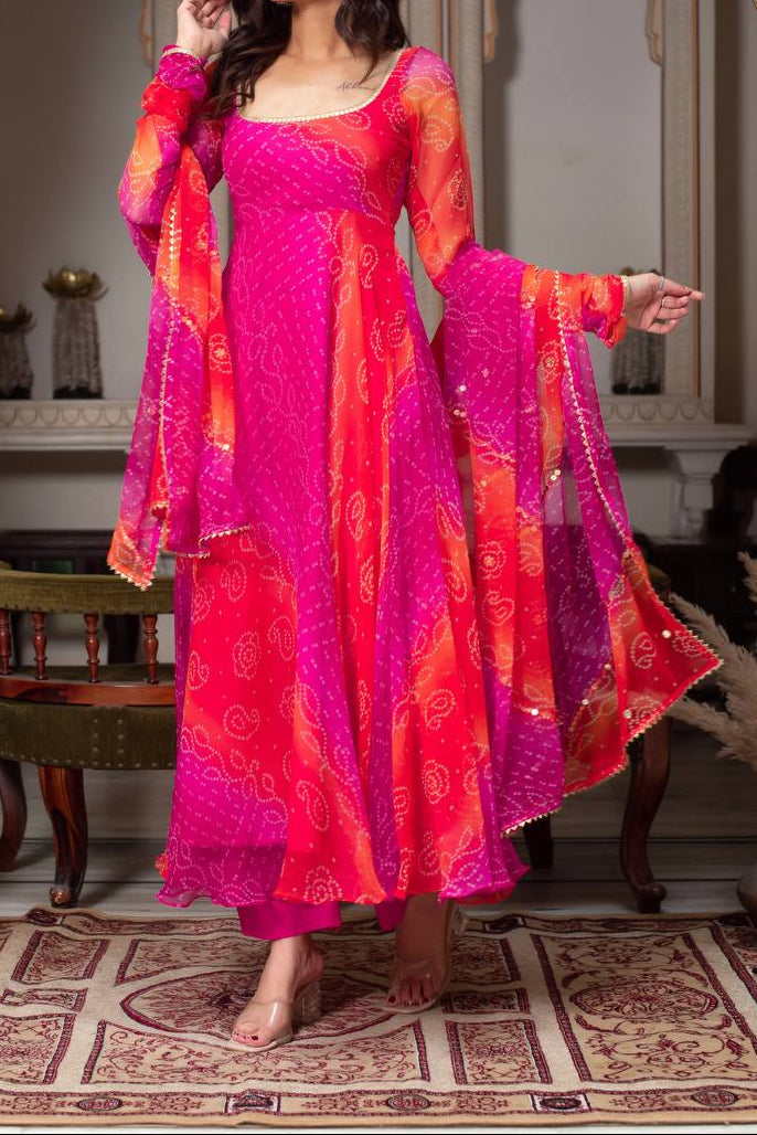 Bandhni Digital Print Trending Party Wear Anarkali Suit Set